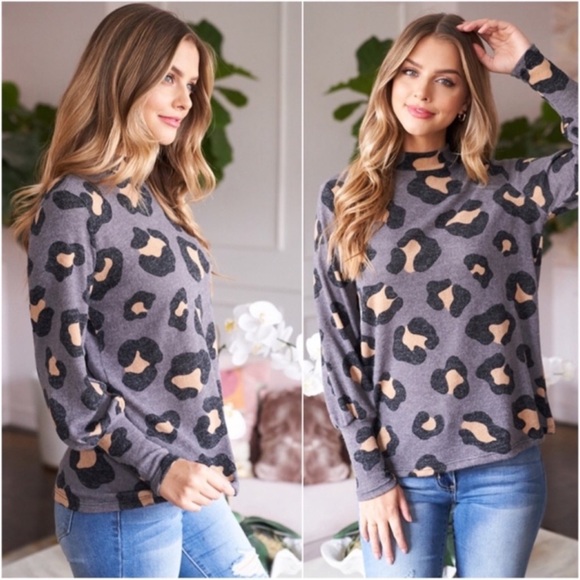 (29)New Women’s Gray Beige Black Leopard Print Comfy Fall Mock Neck Fall Top - Picture 2 of 3
